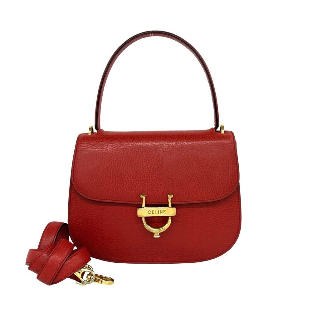 CELINE Vintage Horseshoe Logo Hardware Leather 2-way Shoulder Bag/Handbag Red...
